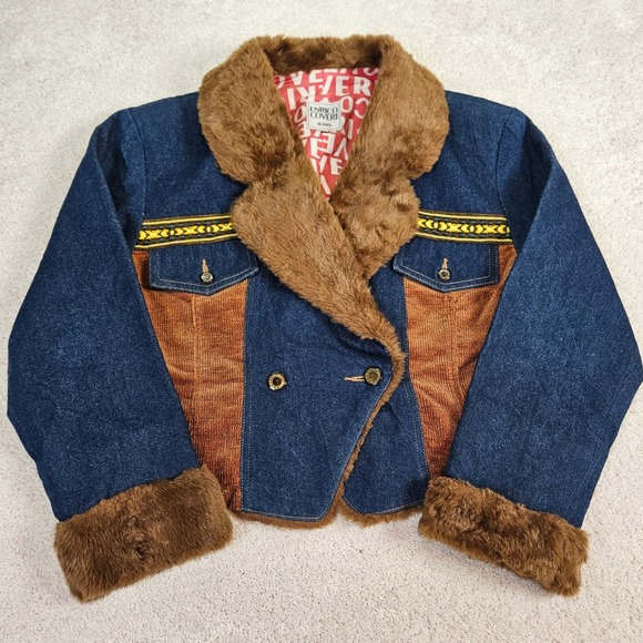 Y2K Enrico Coveri Women's Faux Fur Denim Indie Jacket M Cropped 2000's Statement